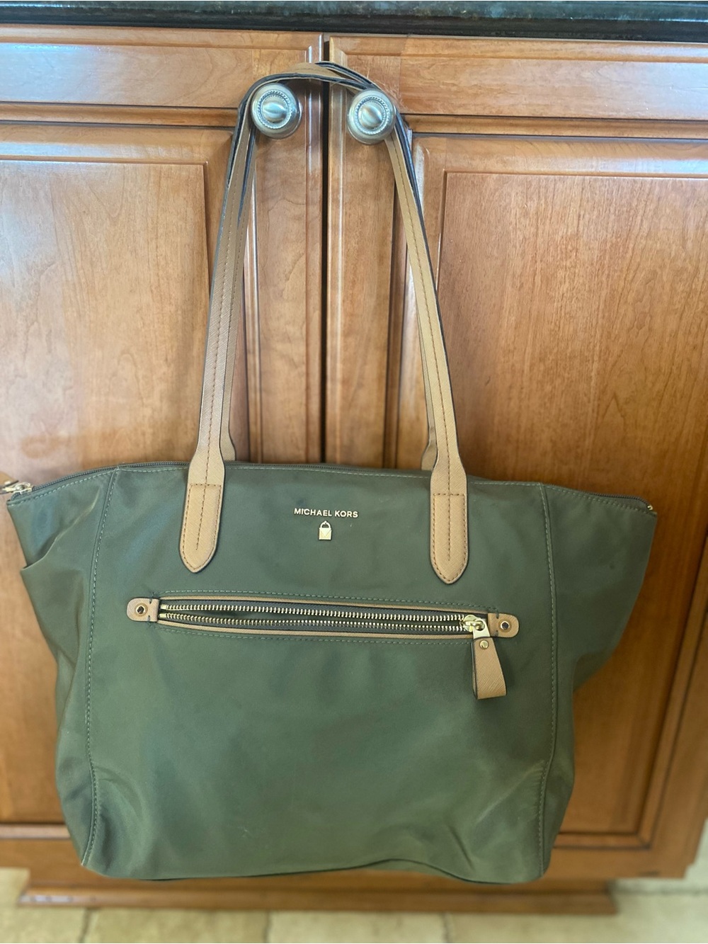 Michael Kors Olive Nylon Tote Bag with Tan Straps
